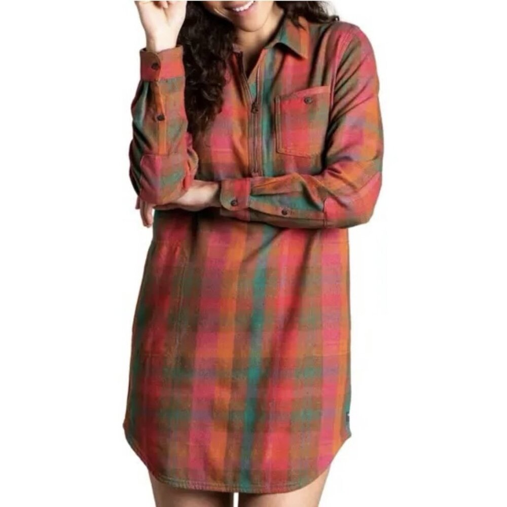 Toad & Co Women Bodie Plaid Flannel ShirtDress Long Sleeve Small Size Pockets